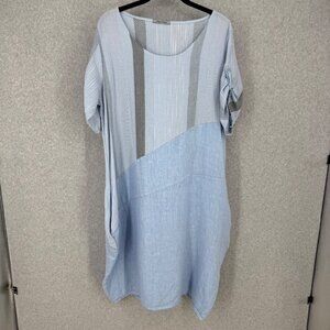 Angela Mara Linen Lagenlook Midi Dress Size L Blue Asymmetric Boho Pockets Beach